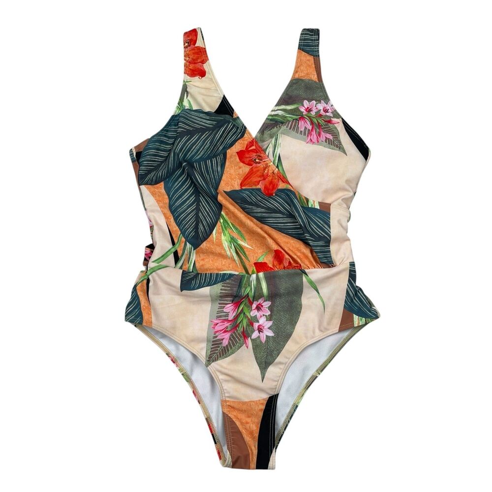IDOPIP Women's One Piece Swimsuit Medium Multi Tropical Floral V-Neck Swimwear